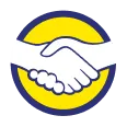 Icon of a handshake inside a yellow and blue circular background, symbolizing agreement or partnership.