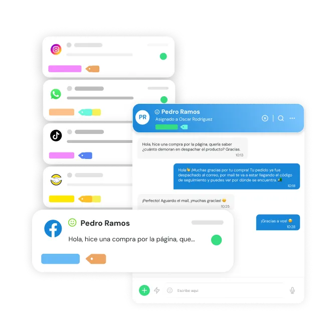 Illustration of a customer service chat interface showing messages between Pedro Ramos and a representative about a product order, with icons for Instagram, WhatsApp, TikTok, and Facebook.