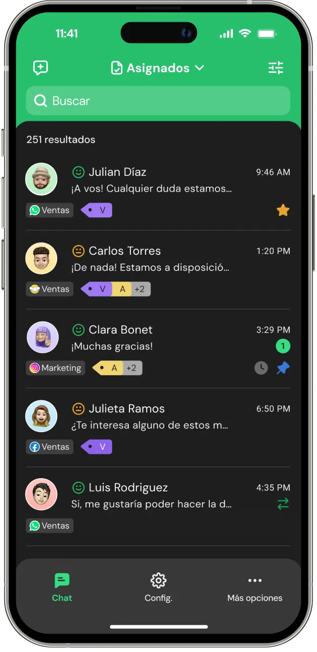 Smartphone screen showing a messaging app with assigned chats from five contacts, including message previews, timestamps, and tags for sales and marketing.