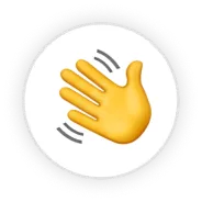 Waving hand emoji on a white circular background with shadow effect.