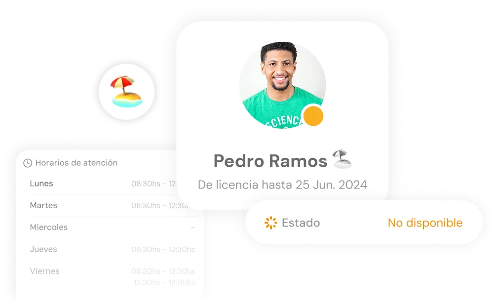 Profile card of Pedro Ramos with a photo, indicating he is on leave until June 25, 2024, status marked as unavailable, and an umbrella icon.