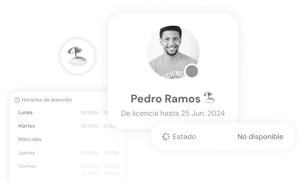 User profile card showing a man named Pedro Ramos with a photo, out of office until June 25, 2024, and status marked as not available.
