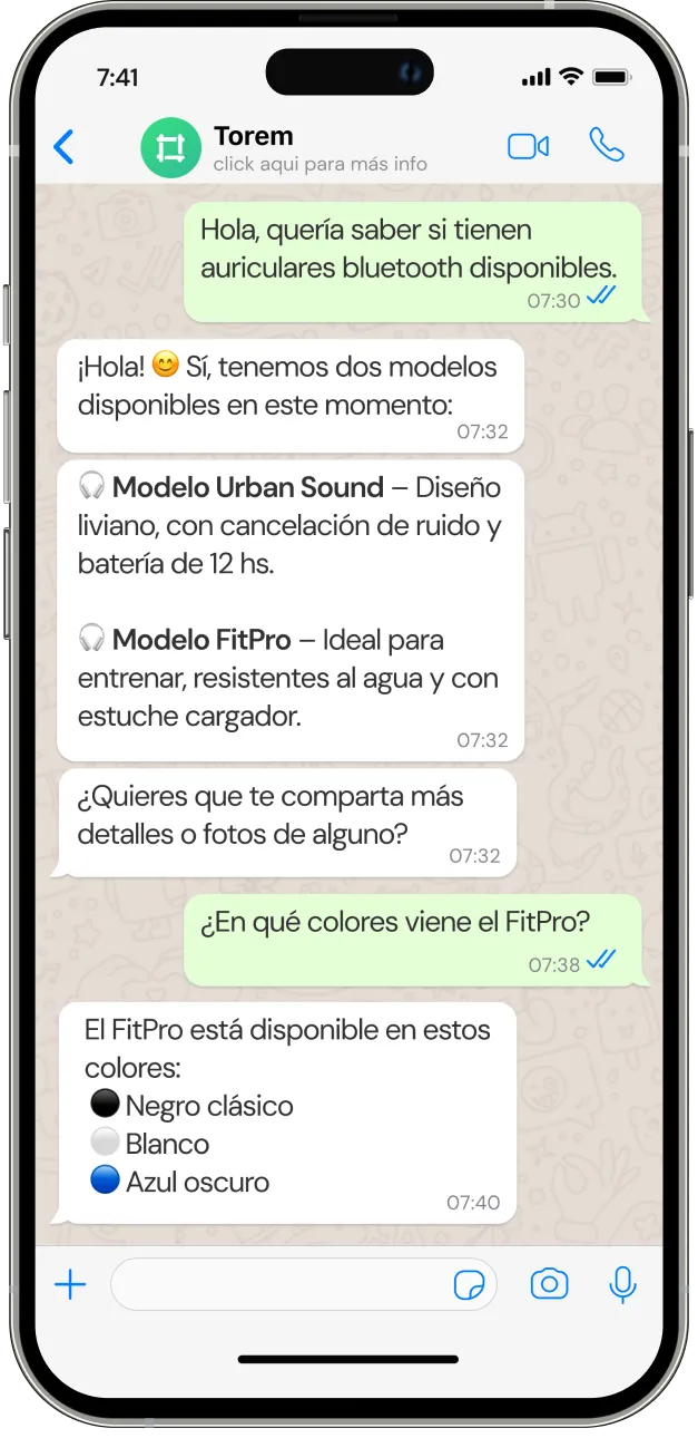 WhatsApp chat in Spanish on iPhone screen discussing availability of two Bluetooth earphone models: Urban Sound with noise cancellation and 12-hour battery, and FitPro for training, water-resistant, with charging case; FitPro available in classic black, white, and dark blue colors.