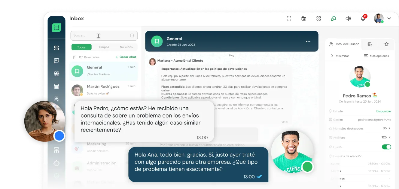 Customer service chat interface in Spanish showing a conversation about international shipping issues between Pedro Ramos and Ana, with user profile details on the right.