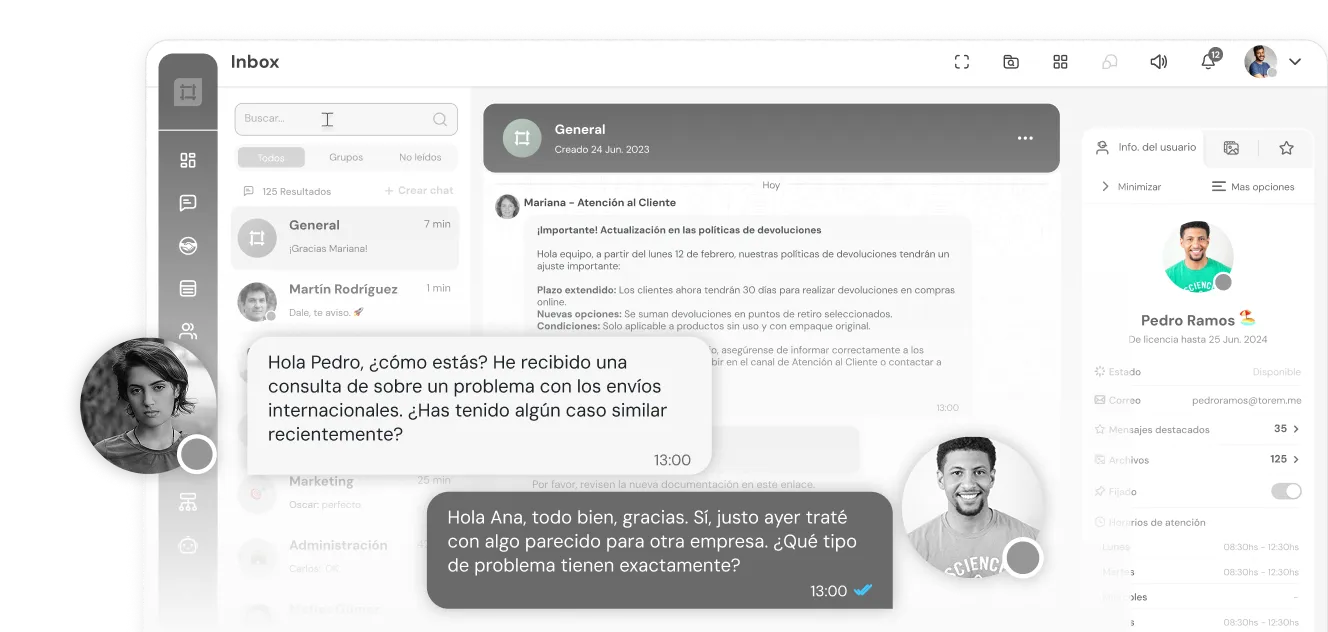 Customer service chat interface showing conversation about international shipping issues between Pedro Ramos and Ana, with user profile and chat list.