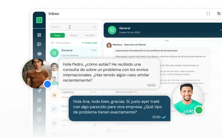 Screenshot of a chat inbox showing a customer service conversation in Spanish about international shipping problems, with profile photos of two users messaging.