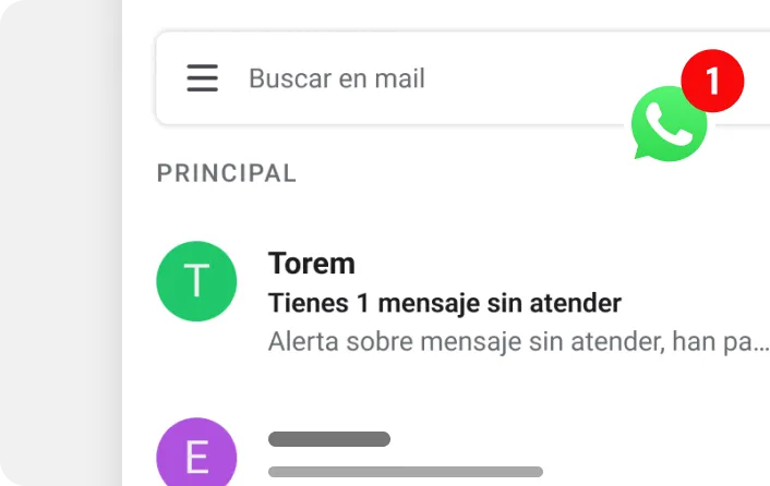 Email inbox interface with a search bar labeled 'Buscar en mail' and a notification showing 1 unread message from Torem with a message preview in Spanish.