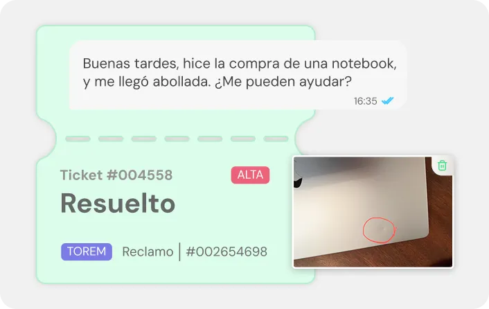 Customer service chat showing a complaint about a dented notebook received, with ticket status marked as resolved and a photo highlighting the dent on the notebook.