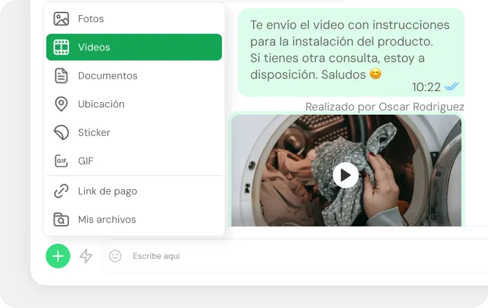 WhatsApp chat interface showing a message with a video attachment about product installation instructions and a menu highlighting the Videos option.