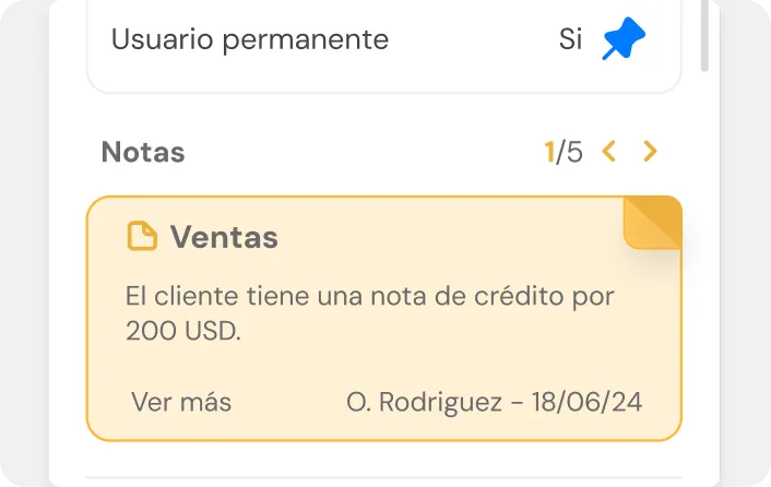 Note section titled Ventas indicating the client has a credit note for 200 USD, authored by O. Rodriguez on 18/06/24.