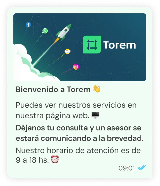 Welcome message from Torem with a rocket and social media icons, inviting users to visit the website and leave inquiries, with business hours from 9 to 18.