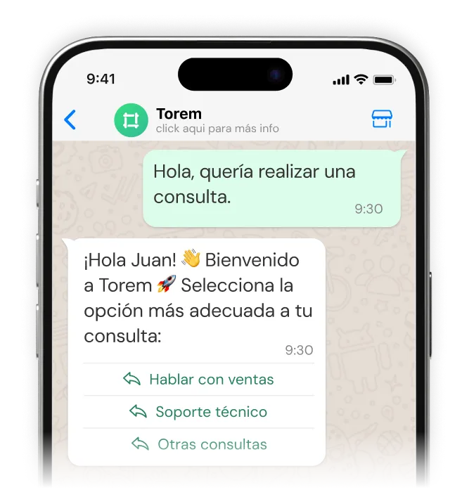 WhatsApp chat on a smartphone with a user greeting and a chatbot named Torem offering options for sales, technical support, or other inquiries in Spanish.