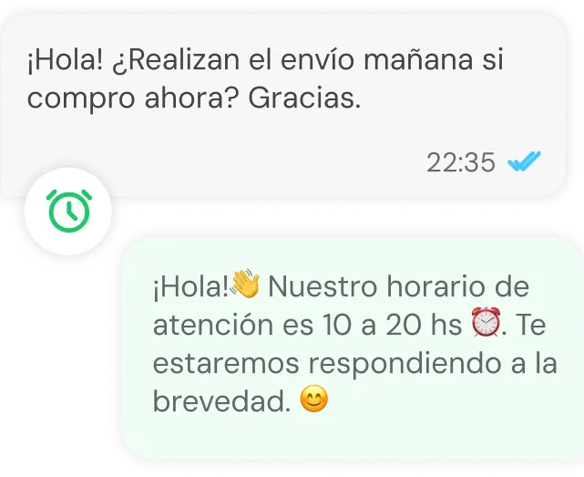 Chat conversation in Spanish asking about next day shipping and a reply stating business hours from 10 to 20 with a clock emoji and a smiling emoji.