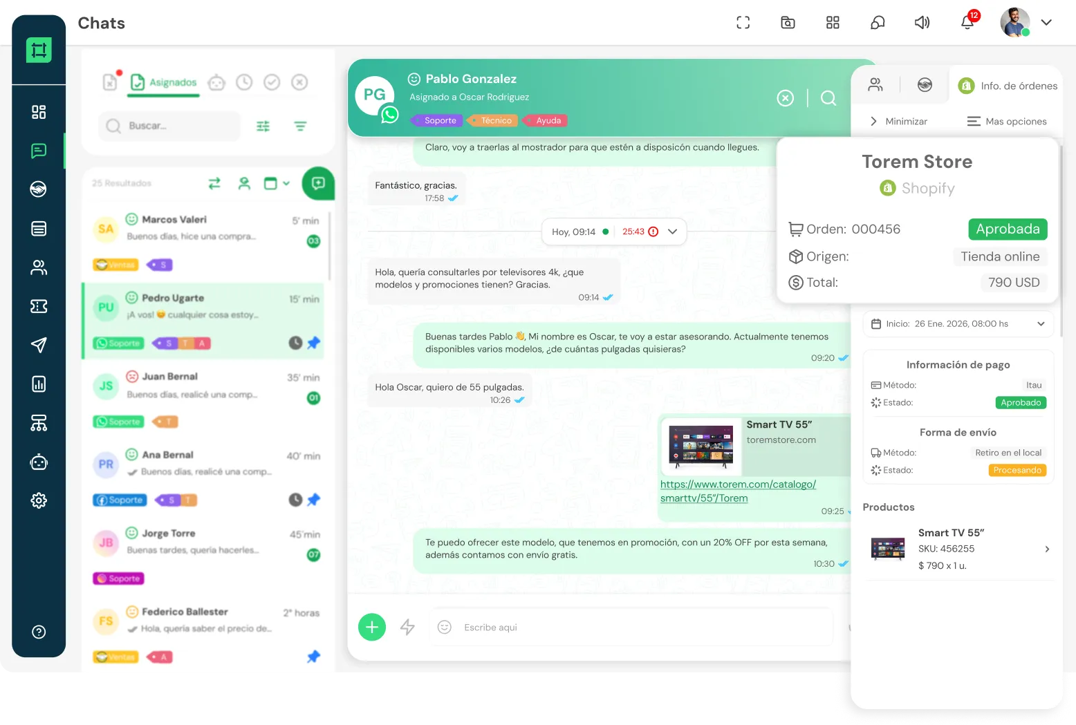 User interface of a chat application showing a conversation about a 55-inch Smart TV purchase with status and payment information from Torem Store via Shopify.