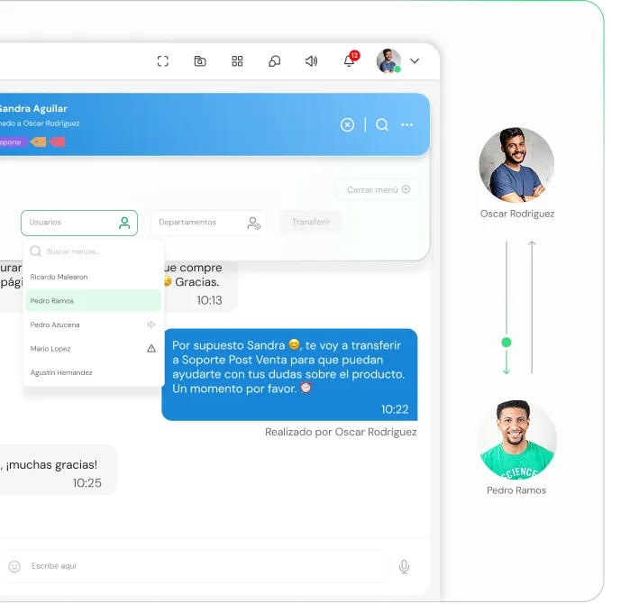 Screenshot of a chat interface showing a message transfer from Oscar Rodriguez to Pedro Ramos with user profile pictures and a dropdown menu to select users.