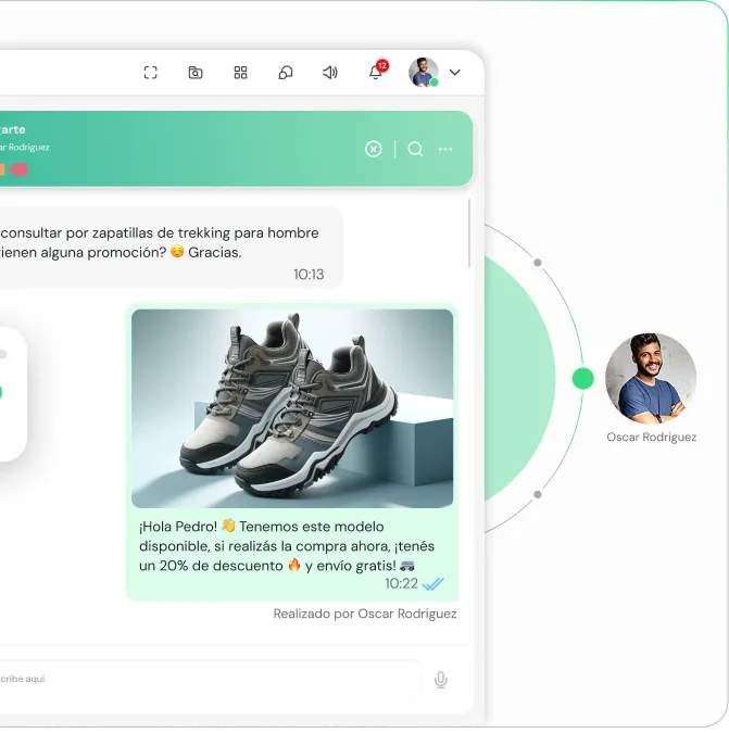 Chat interface showing a conversation about trekking shoes for men with an image of gray and black trekking sneakers and a message offering a 20% discount and free shipping from Oscar Rodriguez.
