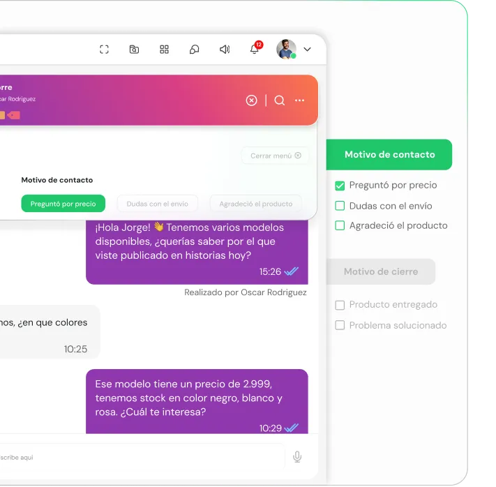Chat interface showing a conversation about product inquiry with contact motives checked: price questions, shipping doubts, and product appreciation.