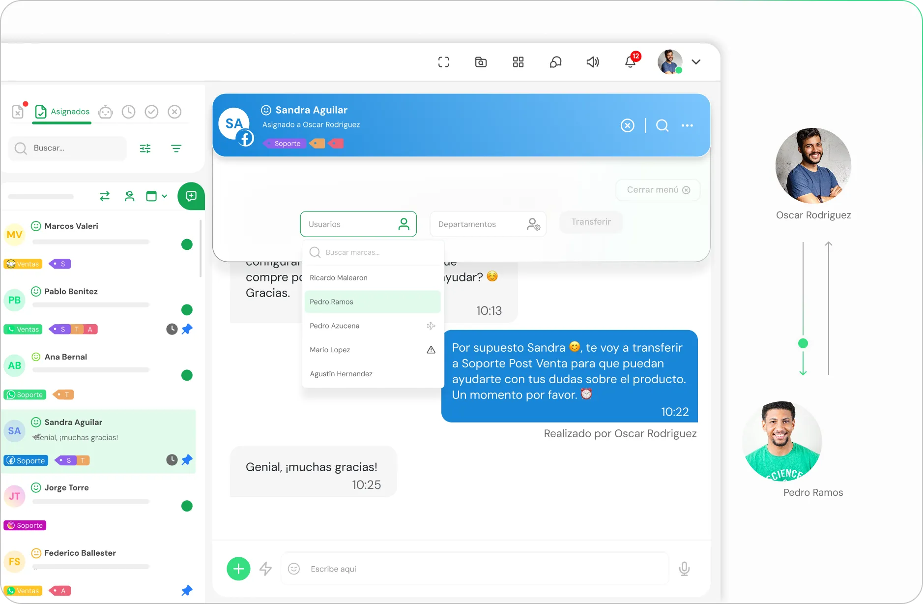 Chat interface showing a conversation between Sandra Aguilar and Oscar Rodriguez, with a transfer of the chat to Pedro Ramos for post-sale support.