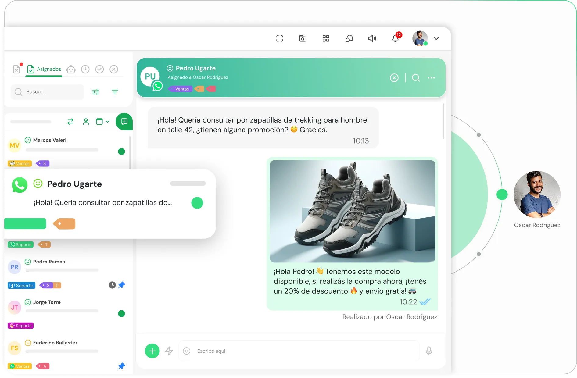 Screenshot of a chat interface showing a conversation about trekking shoes, with images of shoes and a response offering a 20% discount and free shipping, assigned to Oscar Rodriguez.