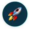 Icon of a silver rocket with red and yellow flames on a dark teal circular background.