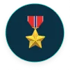 Gold star medal with a red and white ribbon on a dark circular background.