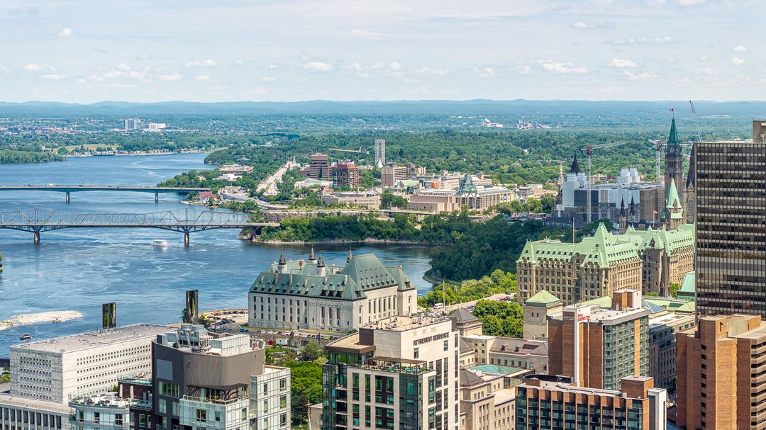Aerial view of downtown Ottawa, Parliament and the river