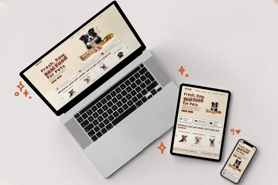 Laptop, tablet, and phone displaying the Big Dog Pet Foods website.