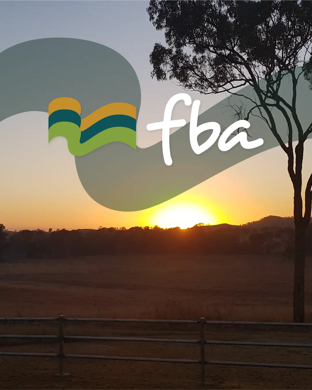 Sunset over a rural field with a tree silhouette and stylized green waves and the FBA logo.