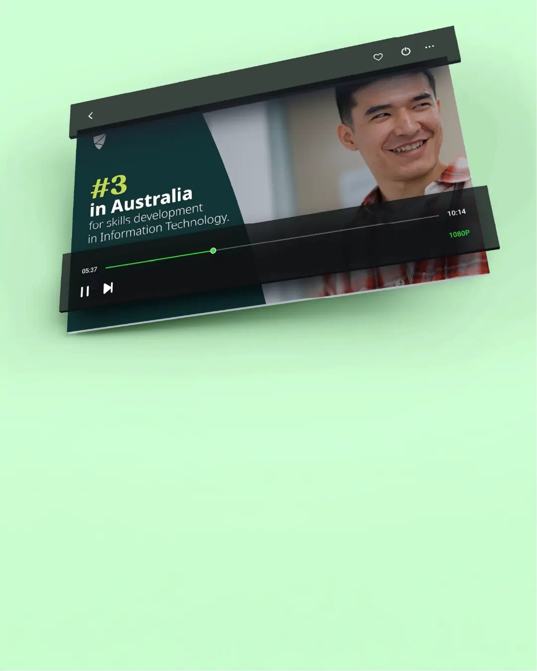 Video player showing a smiling man and text about being ranked #3 in Australia for IT skills development.