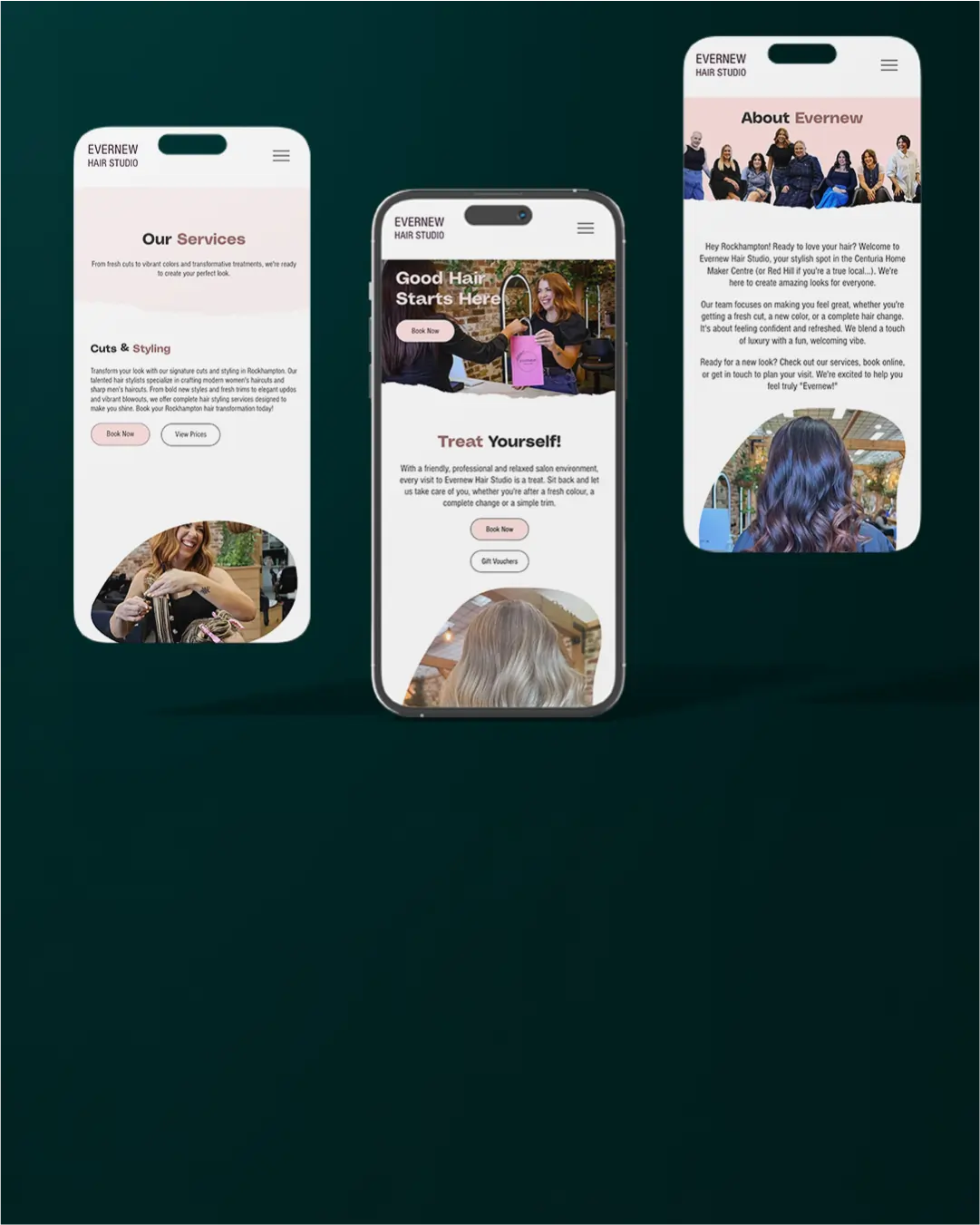Three phone screens showing Evernew Hair Studio website with services, booking, and about pages.