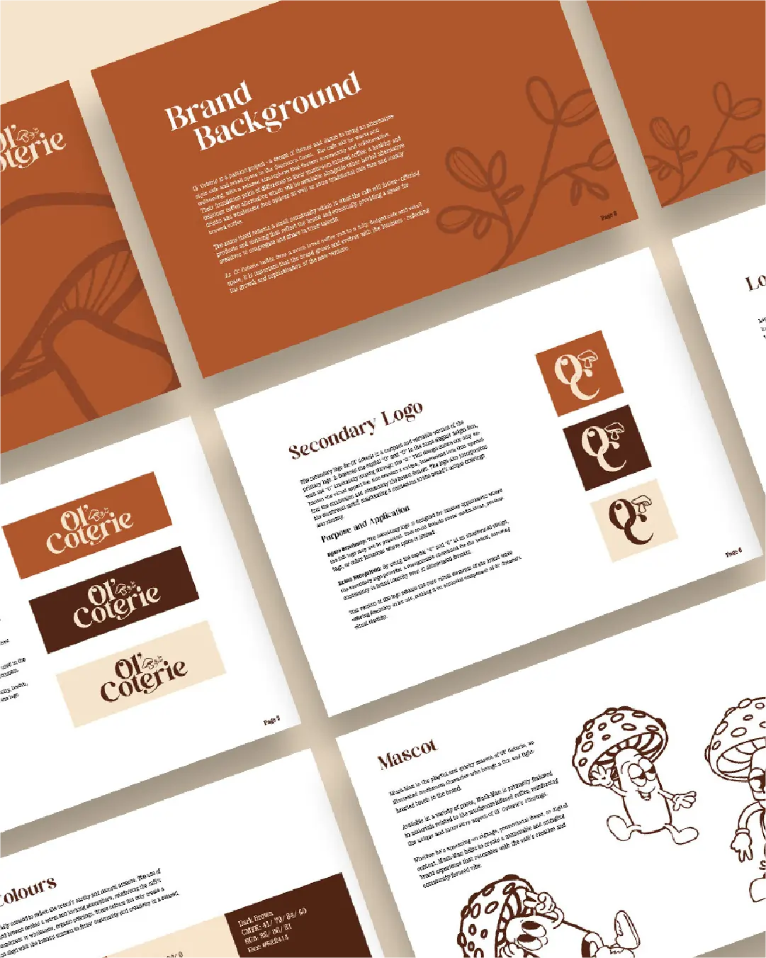 Brand guidelines document pages showing logos, color schemes, typography, and mascot designs.