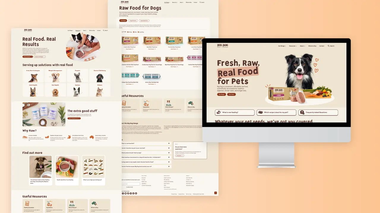 Big Dog Pet Foods website displays raw dog food products with a happy dog, meal images, and nutritional info.