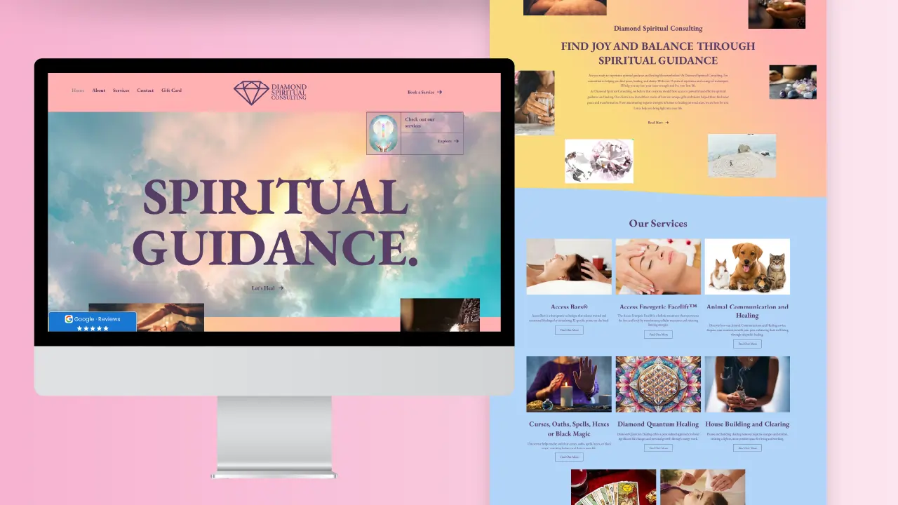 Desktop showing Diamond Spiritual Consulting website with a sky background and text Spiritual Guidance.