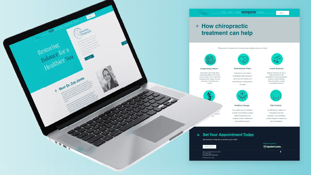 Laptop showing Emu Park Chiropractic site with 'Restoring Balance for a Healthier You' and benefits of chiropractic care.