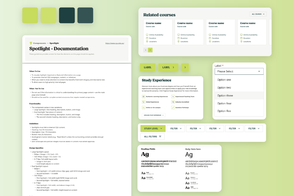 Design system documentation page with color palette, buttons, course cards, dropdowns, and typography samples.