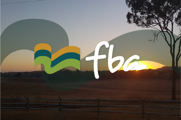 Sunset over a rural field with fence and tree, with a colorful abstract logo and FBA logo.