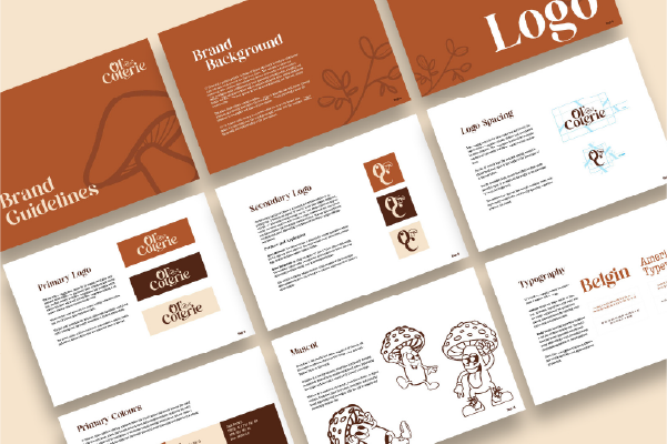 Brand guideline pages showing logos, typography, colors, and mushroom mascot illustrations on beige background.