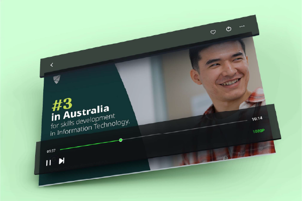 #3 in Australia for skills development in Information Technology on a paused video screen with a man smiling.