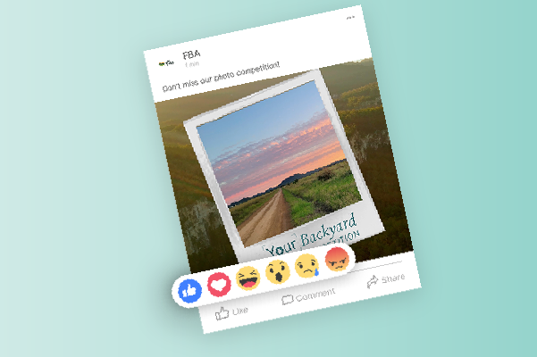 Still image of FBA video social media post showing a sunset over a dirt road with grass, promoting a photo contest.