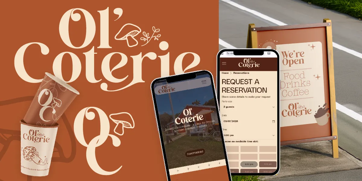 Ol' Coterie coffee cups, mobile reservation screen, and sidewalk sign with 'We're Open' and menu items.