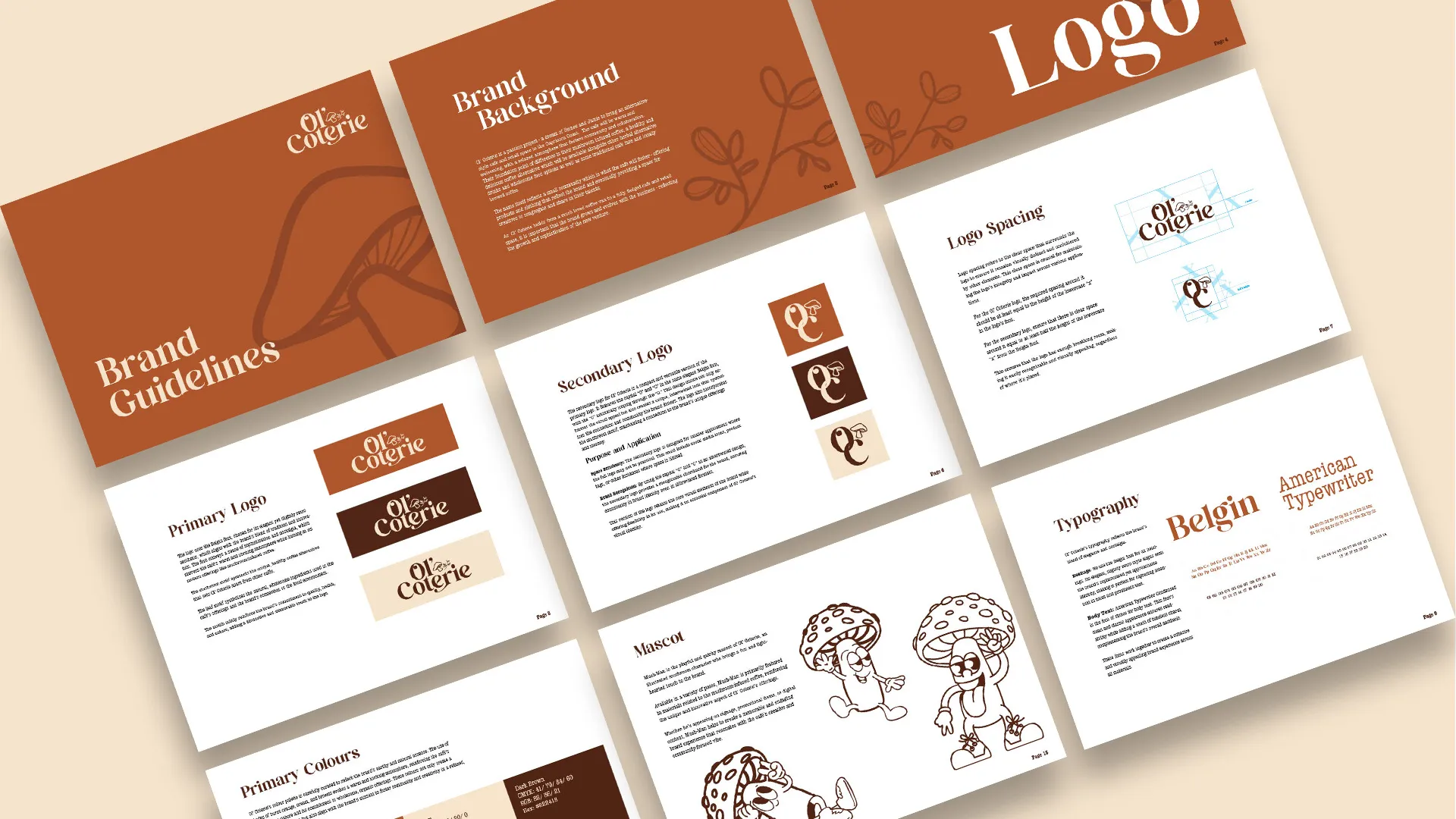 Brand guide pages showing logos, typography, colors, mascot sketches, and brand background in brown tones.