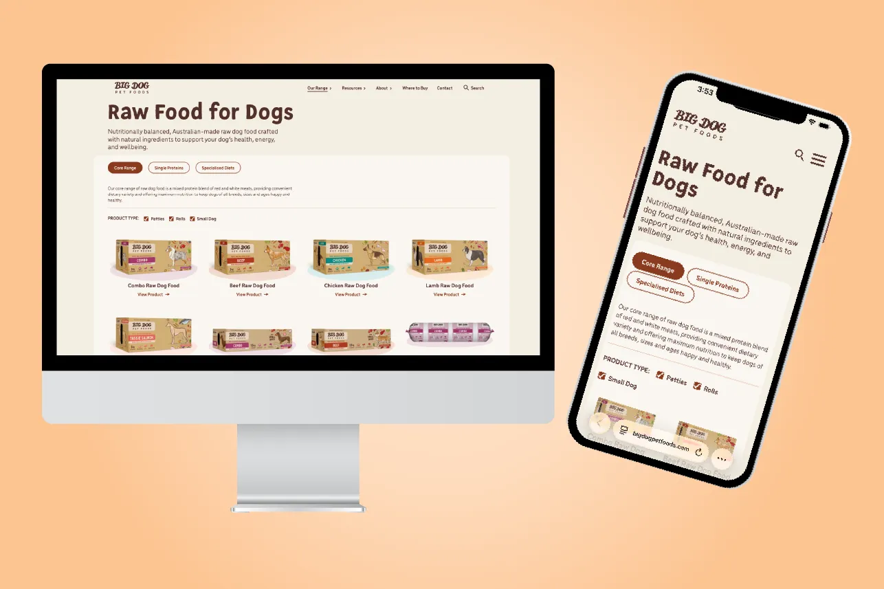 Website for Big Dog Pet Foods showing raw dog food products on desktop and mobile screens.
