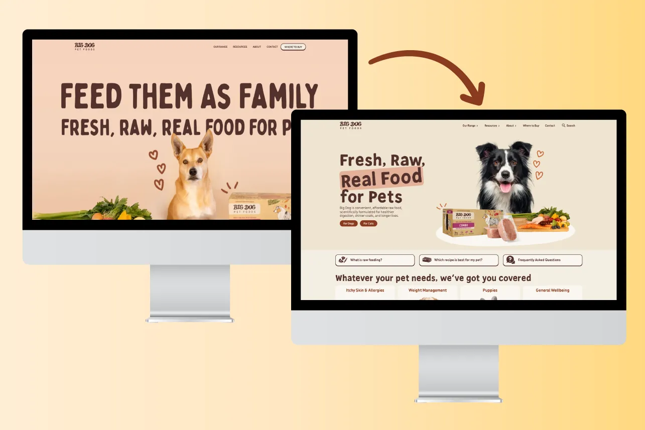 Two computer screens showing Big Dog Pet Foods websites, featuring dogs and raw pet food products.