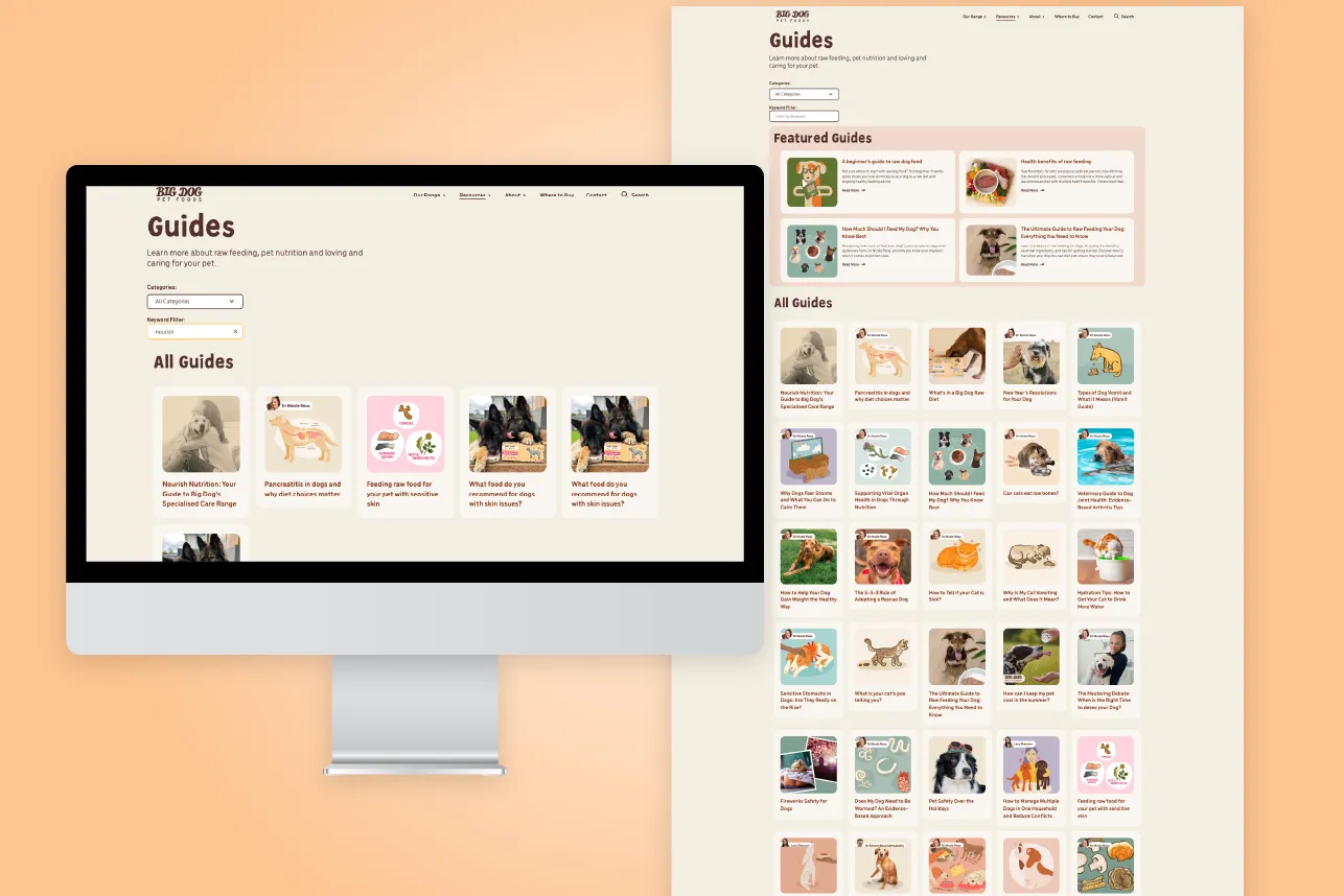 Big Dog Pet Foods website page displaying pet care guides focused on raw feeding, nutrition, and pet health tips.
