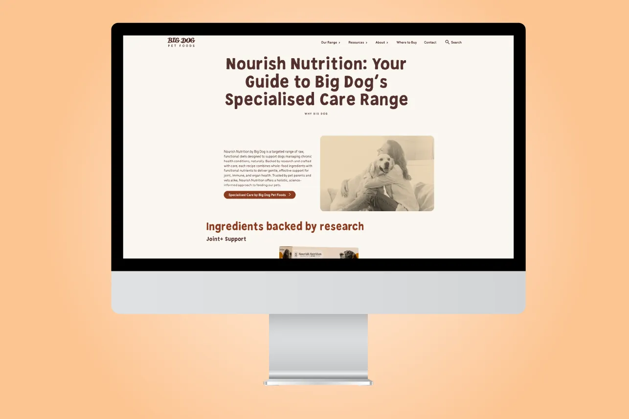 Computer screen shows Big Dog Pet Foods page about their specialised dog nutrition care range.
