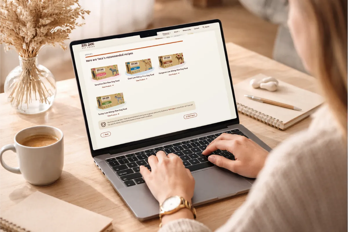 Person using a laptop showing recommended raw dog food recipes for sensitive skin and allergies.