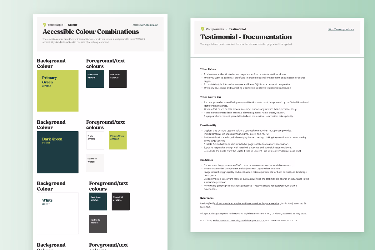 Two web pages: accessible colour combinations with color codes and testimonial documentation guidelines.