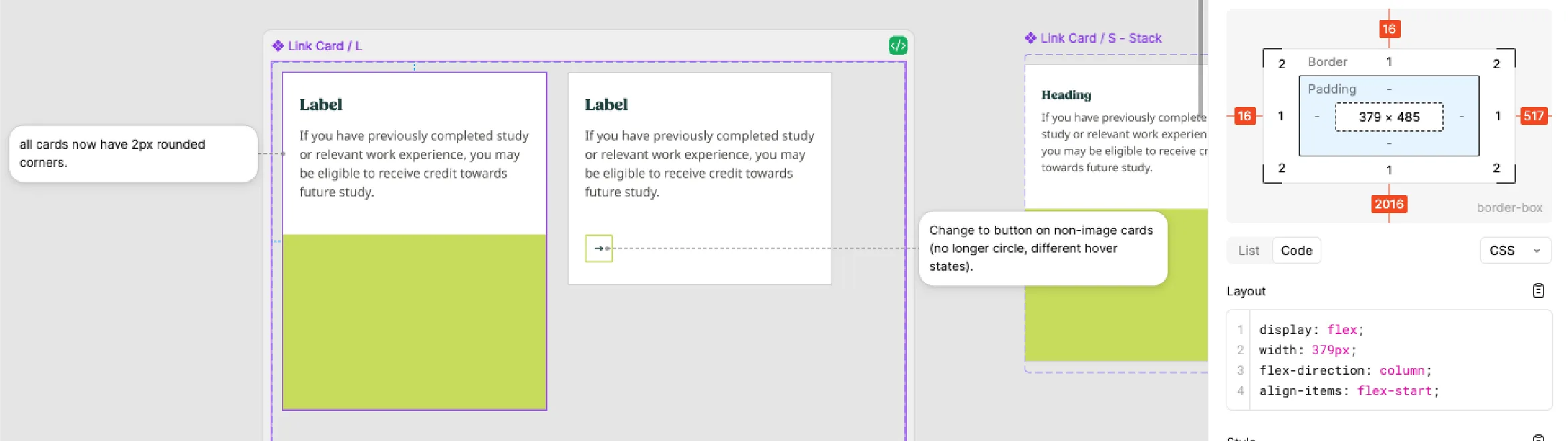 UI design mockup showing link cards with labels, text, green color blocks, and code panel with CSS flex layout.
