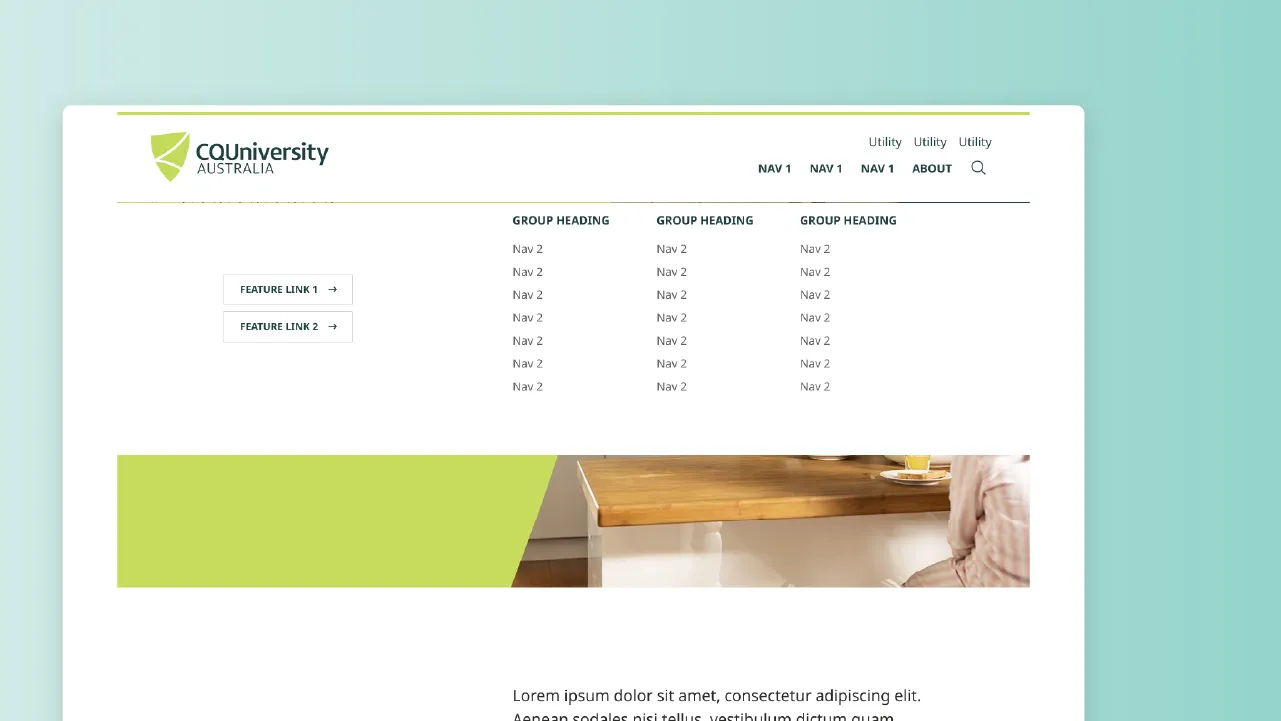 CQUniversity menu with utility links, three nav columns labeled Group Heading, and two feature link buttons.
