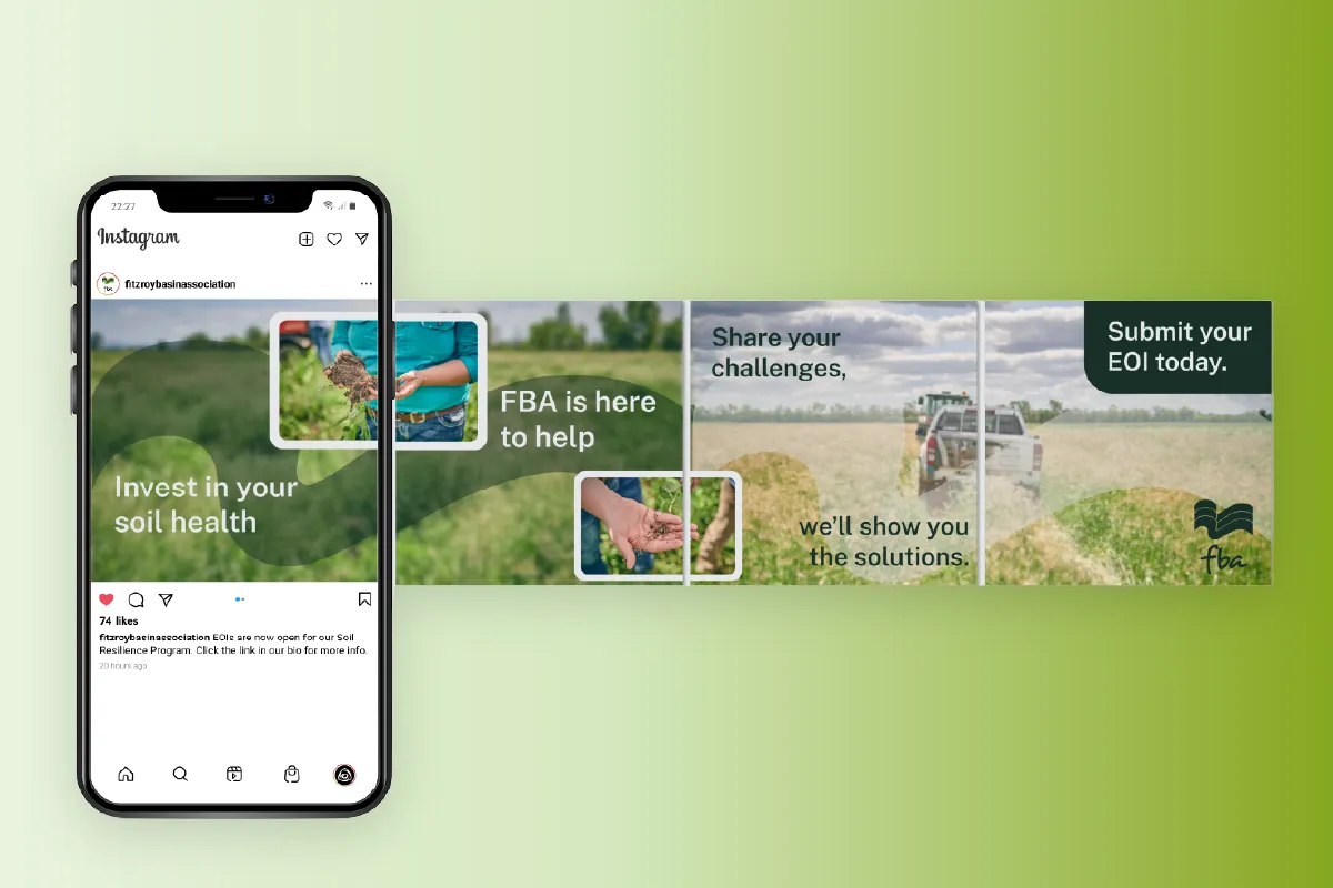 Instagram post promoting soil health investment and the FBA help to address challenges with solutions.